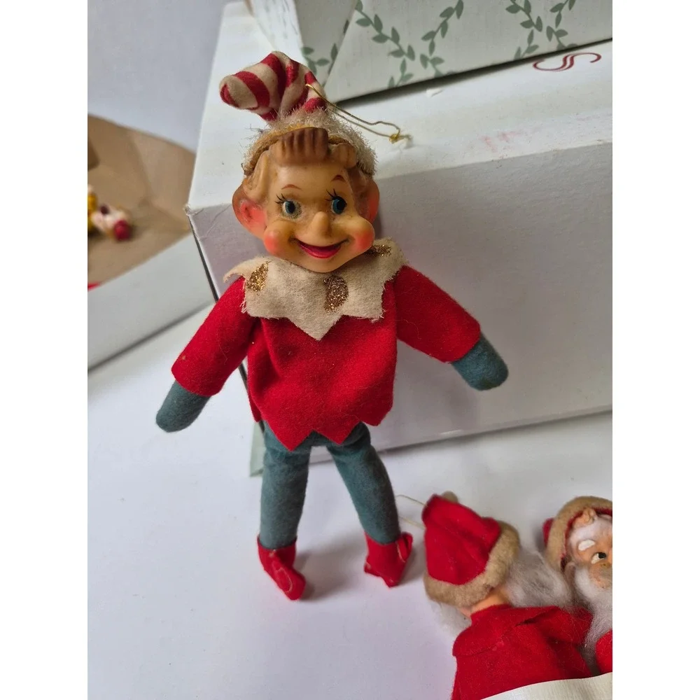 Vintage Rubber Face Felt Santa Elf Christmas Ornaments Lot of 3 Japan Retro MCM
